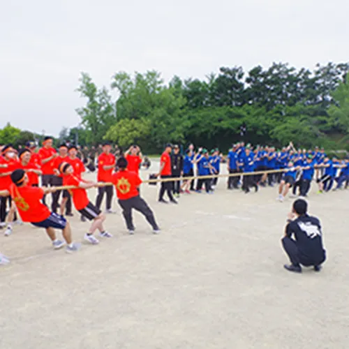 青色の服と赤色の服に分かれ、綱引きしている様子